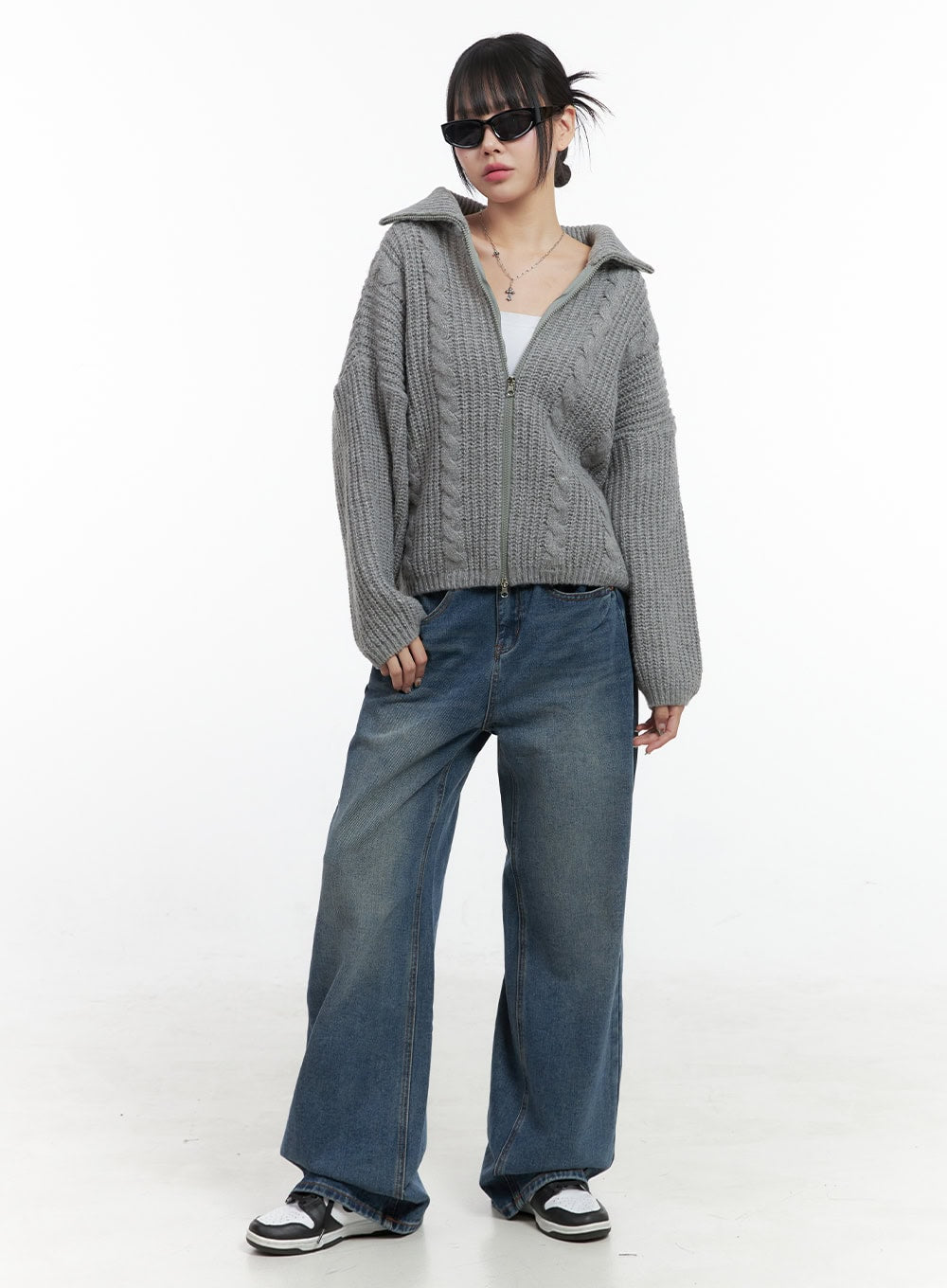 Oversized Cable Knit Zip-Up Sweater OS410