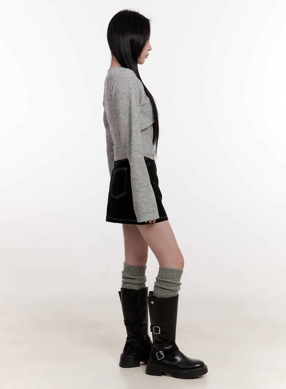 Buckle Stitched Denim Mini Skirt CJ529