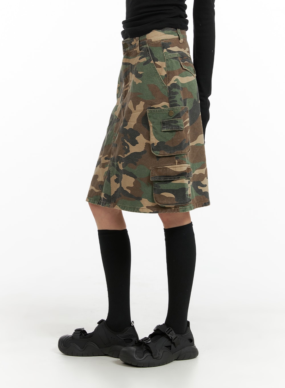 Denim Camo Cargo Midi Skirt CM412