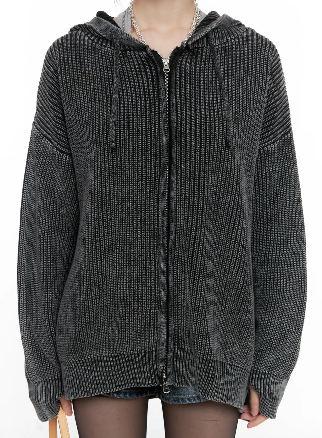 Chunky Washed Knit Hoodie Zip-Up CG518