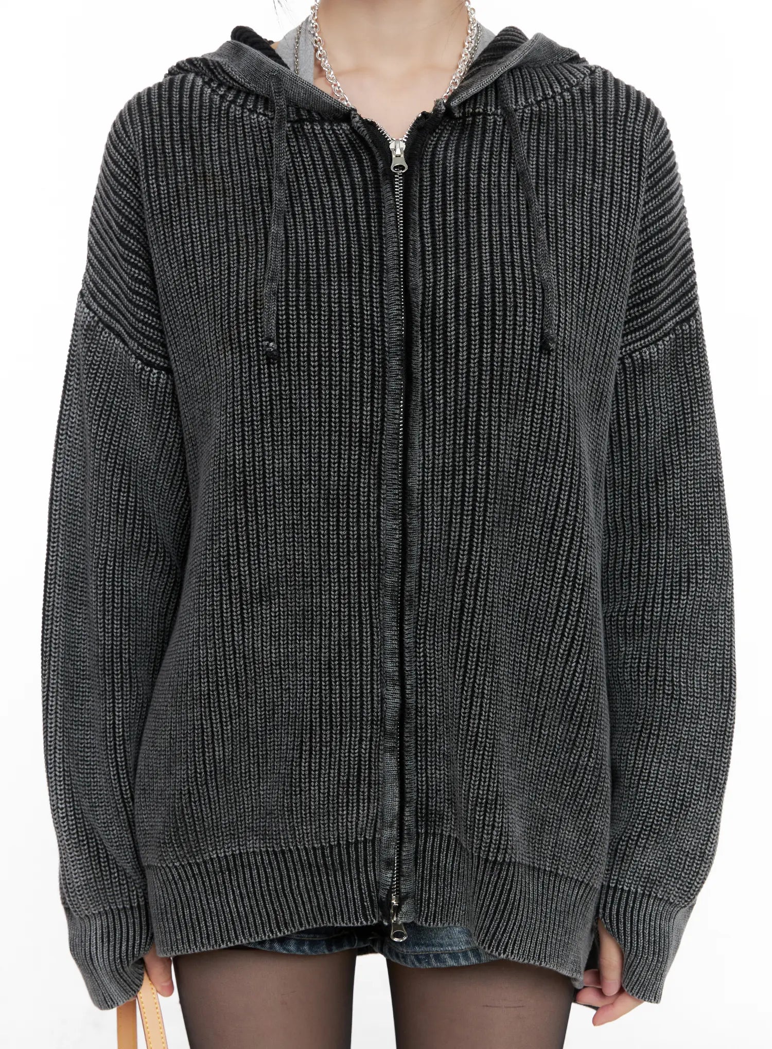 Chunky Washed Knit Hoodie Zip-Up CG518