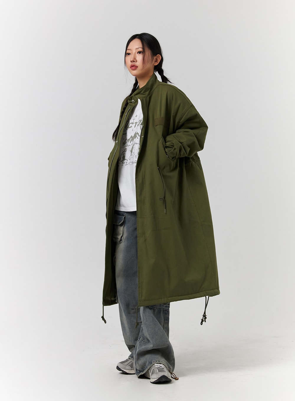 Collar Solid Zipper Drawstring Long Jacket CD328