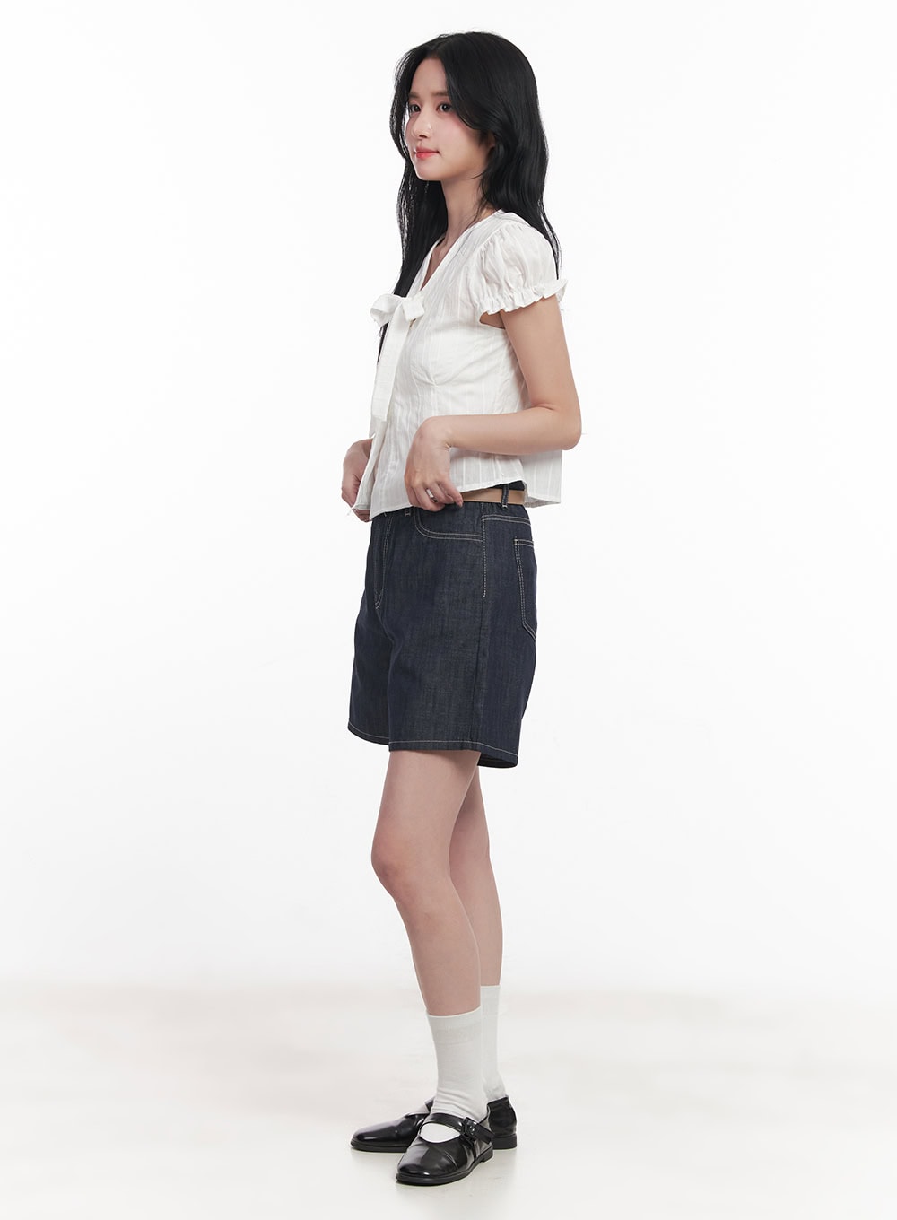 Tie Puff-Sleeve Crop Blouse Top CY526