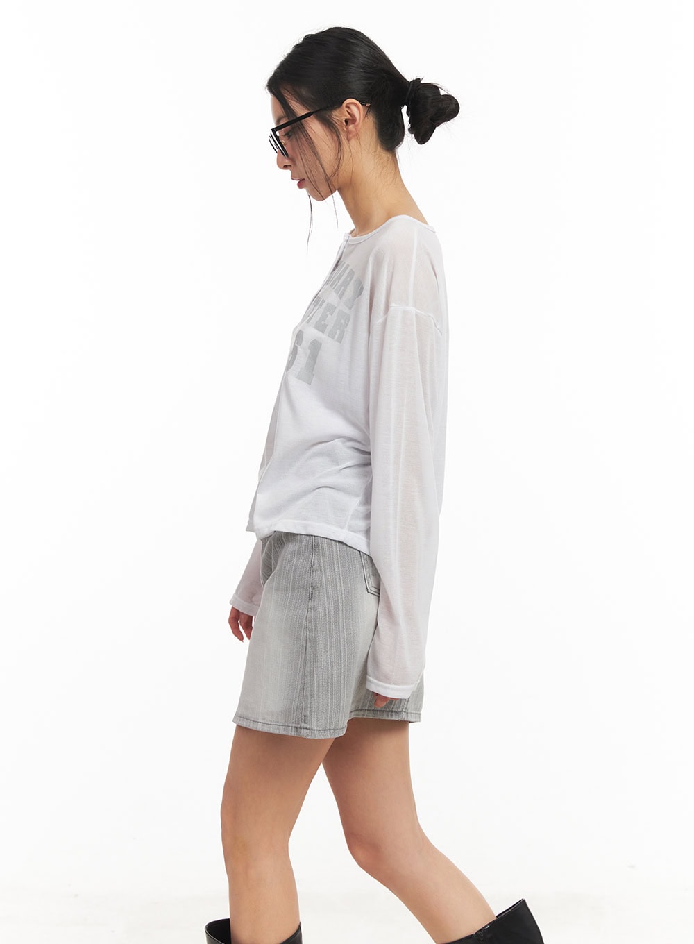 Sheer One-Shoulder Buttoned Tee CM503