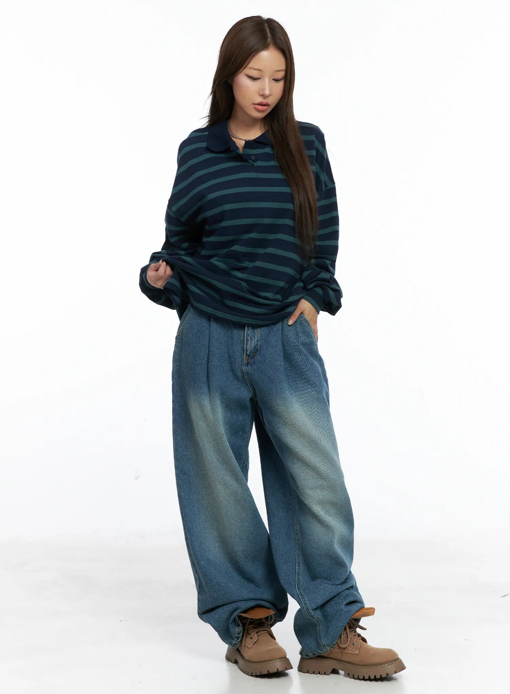 Oversized Striped Collar Long-Sleeve Tee CS504