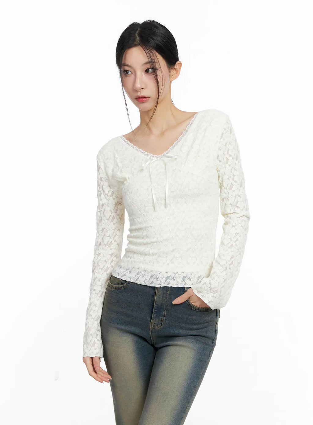 Ribbon V-neck Long Sleeve Top CC1109