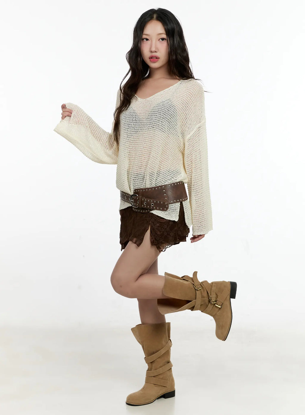Mesh V-Neck Long-Sleeve Top CL531