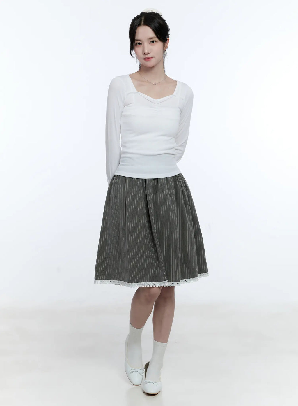 Heart Neck Shirred Long-Sleeve Top CG514