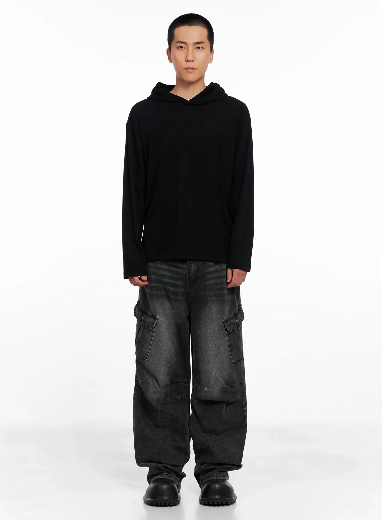 Men's Ribbed Layered Hooded Long Sleeve Tee IS509