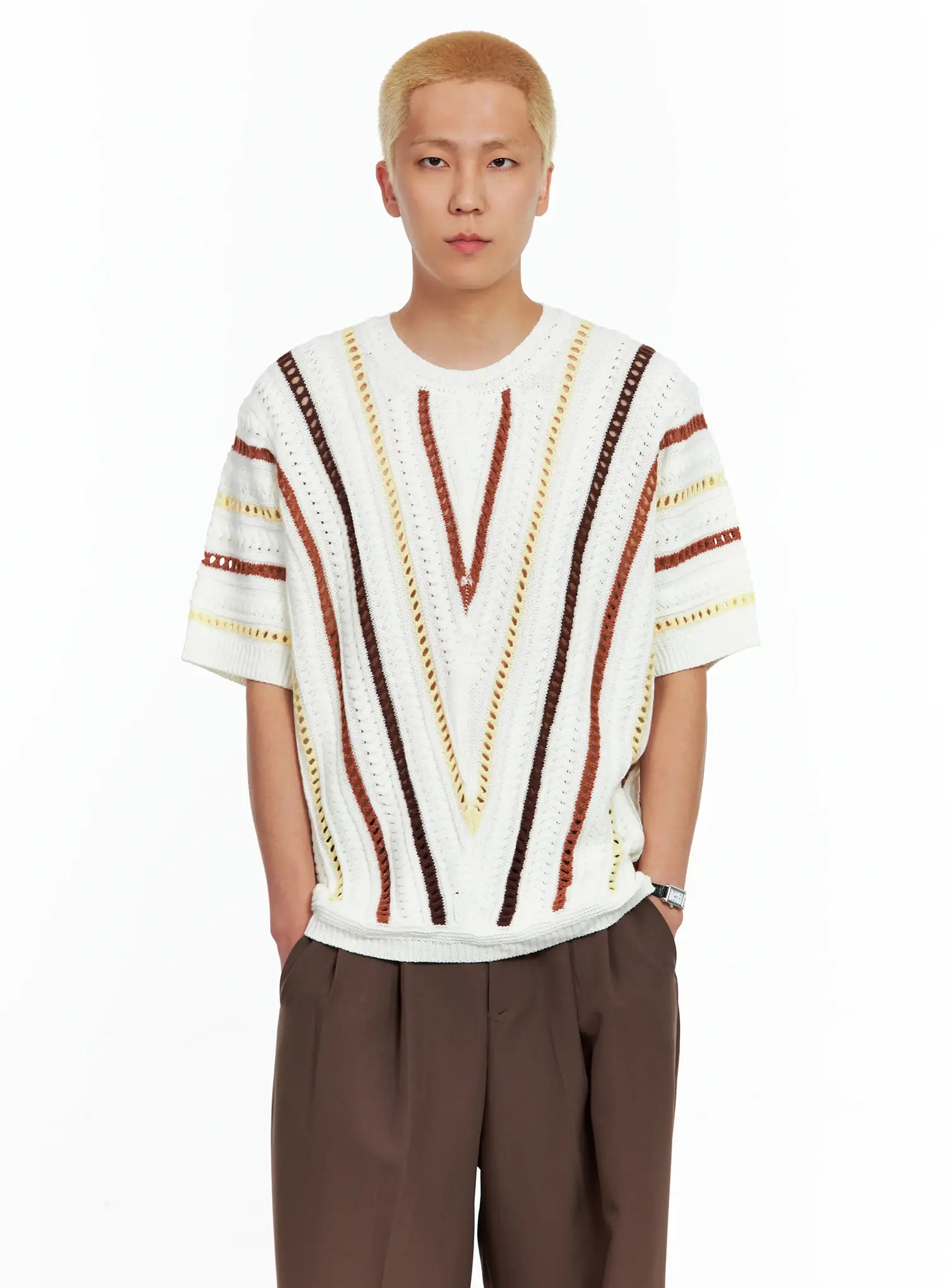 Men's Textured Contrast Knitted Tee IL511