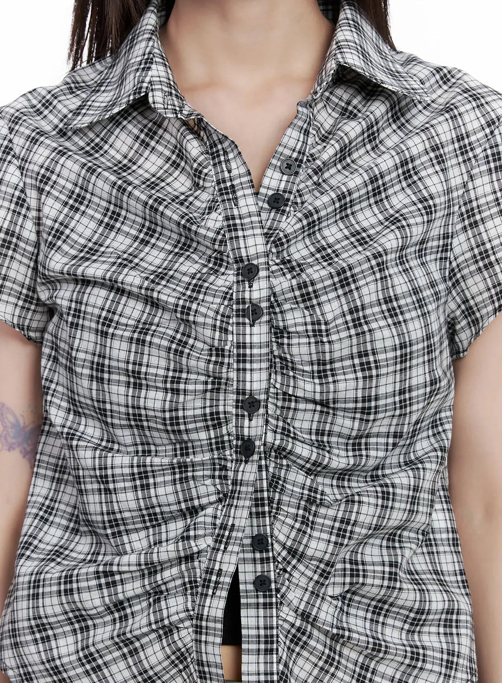 Shirred Plaid Button-up Blouse IL531