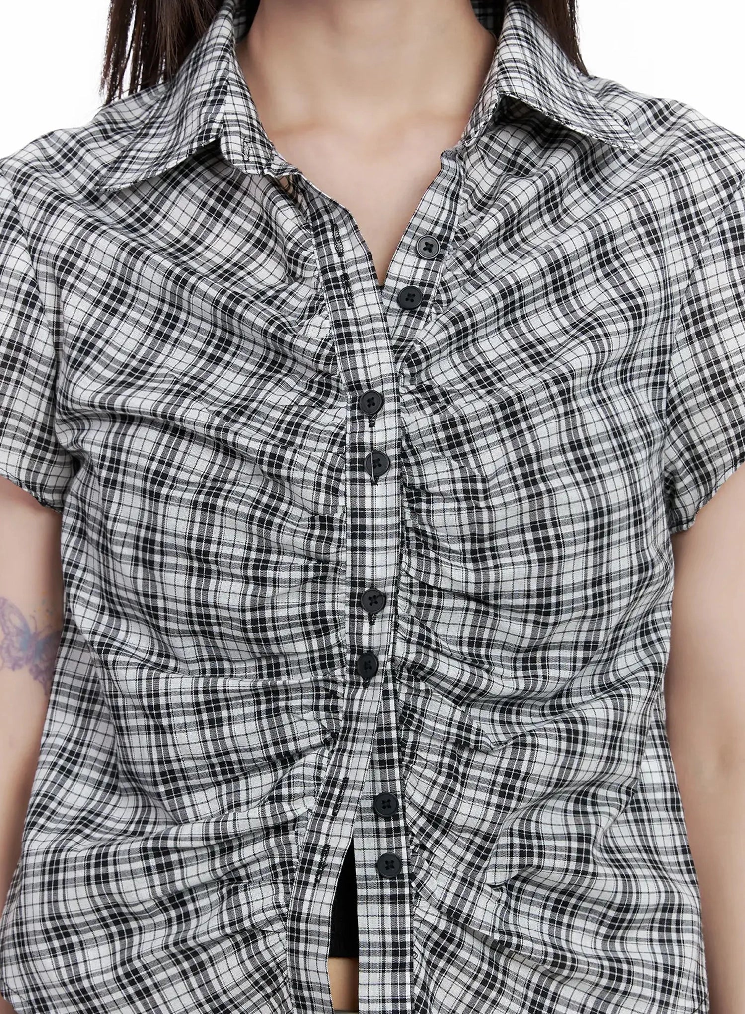 Shirred Plaid Button-up Blouse IL531