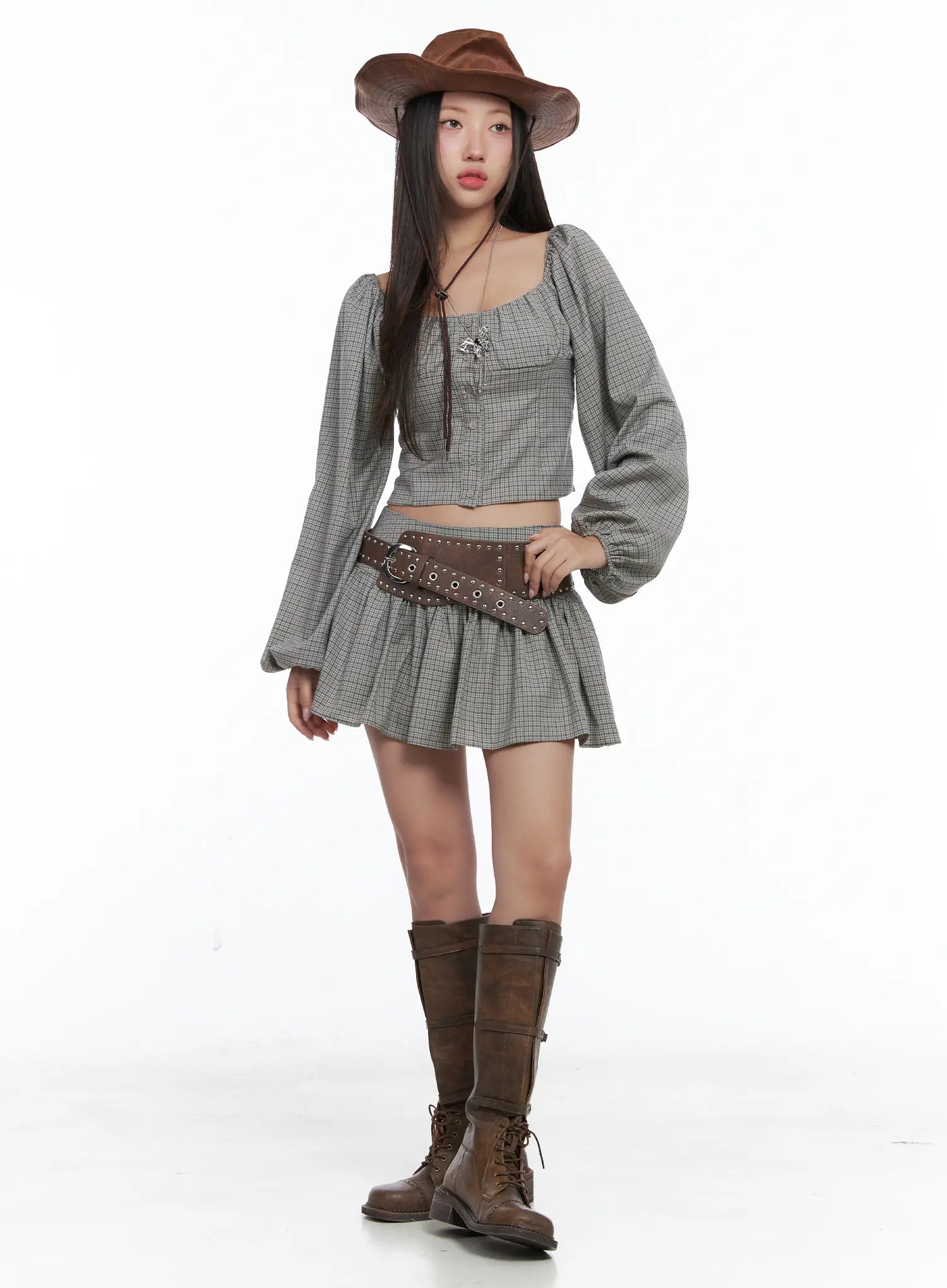 Gingham Button-Up Puff Sleeve Blouse CS503