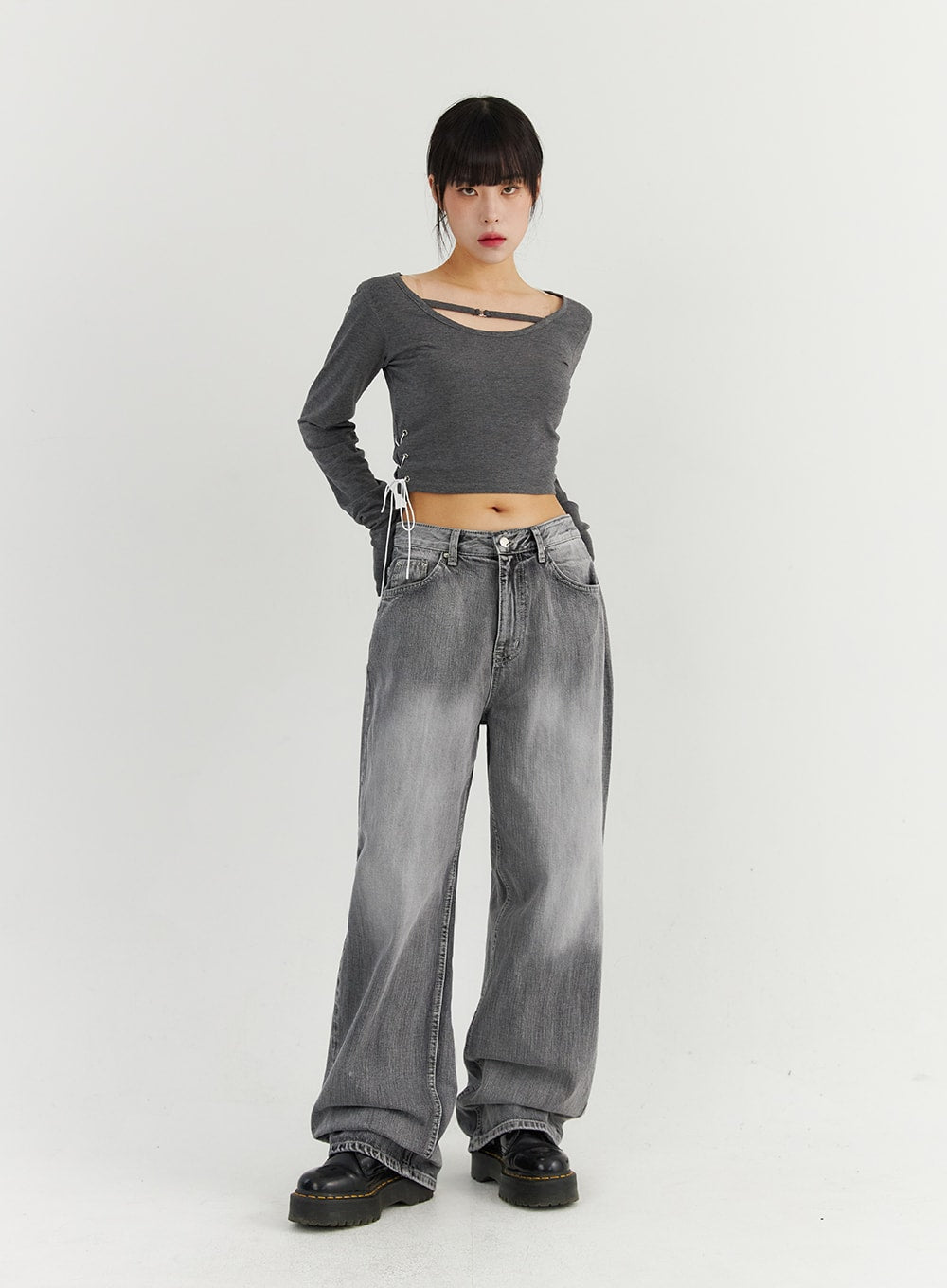 Grey Washed Wide Leg Jeans CO323