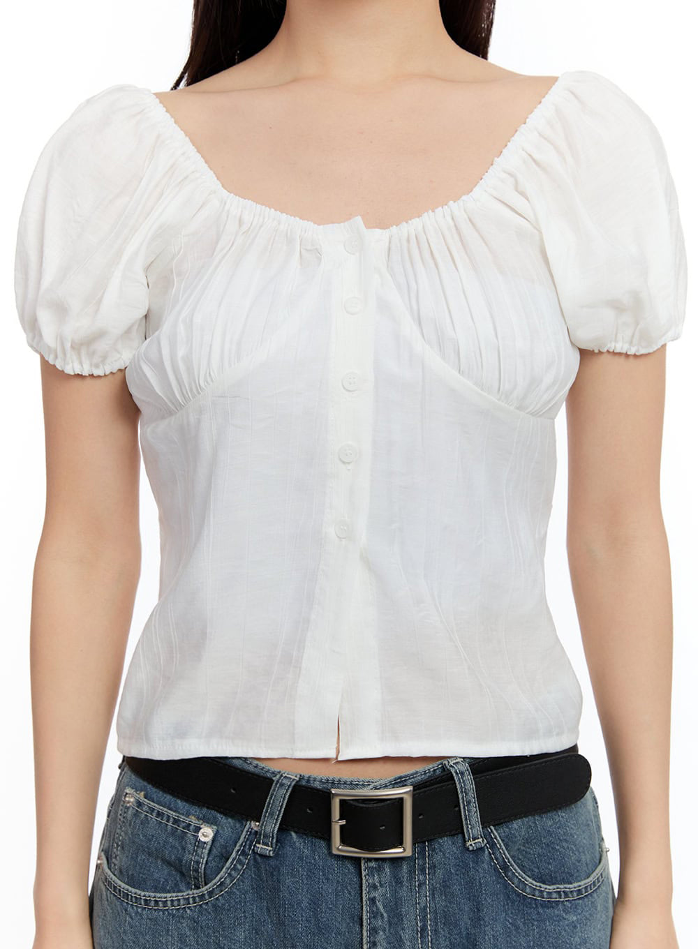 Off-Shoulder Puff-Sleeve Crop Top IU509