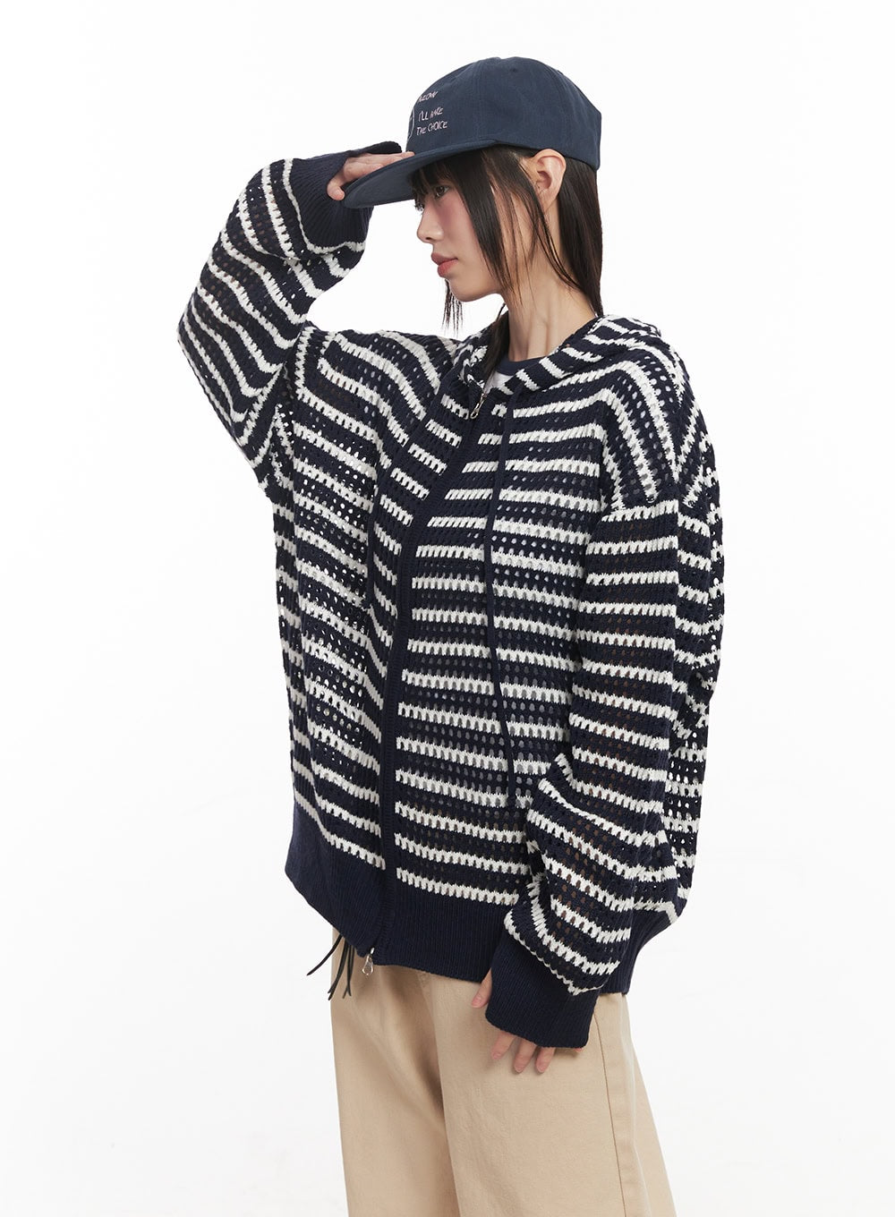 Striped Zip-Up Oversized Hooded Sweater CM520