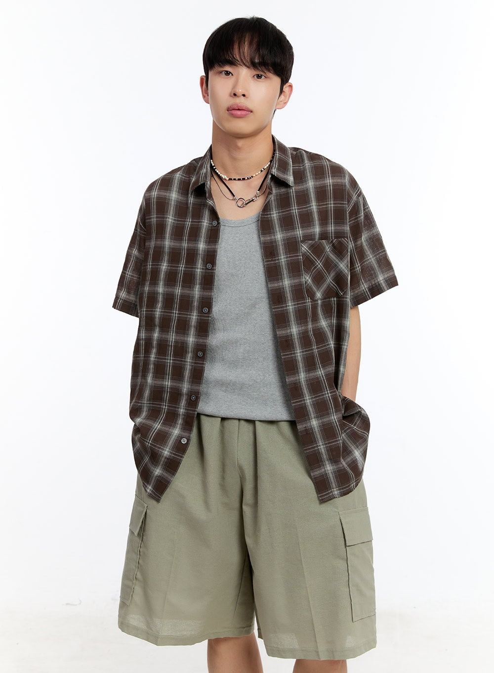 Men's Check Collared Short-Sleeve Shirt IY530