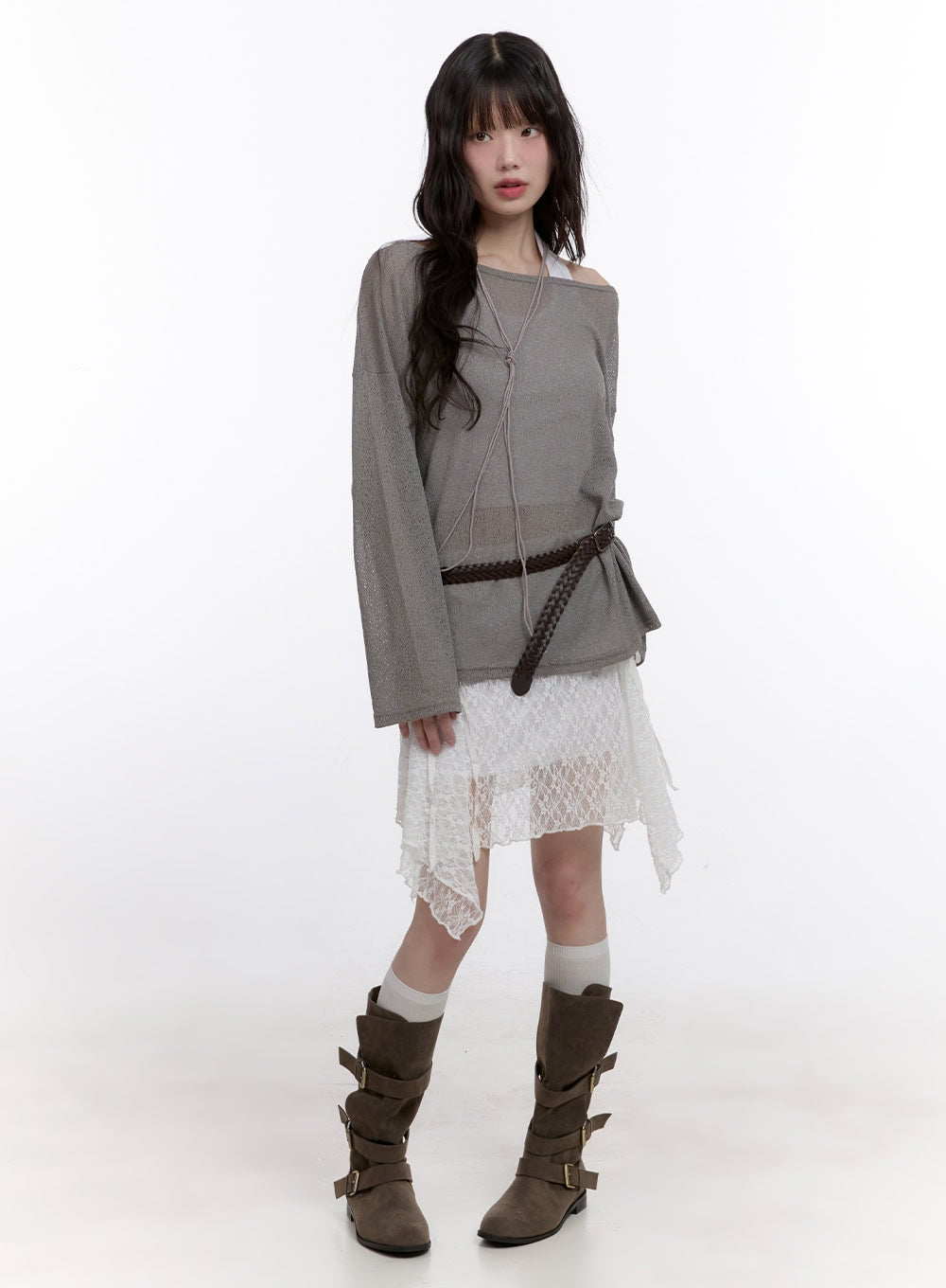 String Sheer Long-Sleeve Mesh Top CF511
