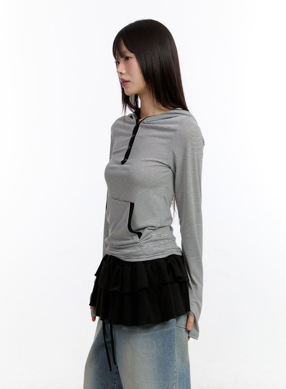 Button Stripe Hoodie Top CA508