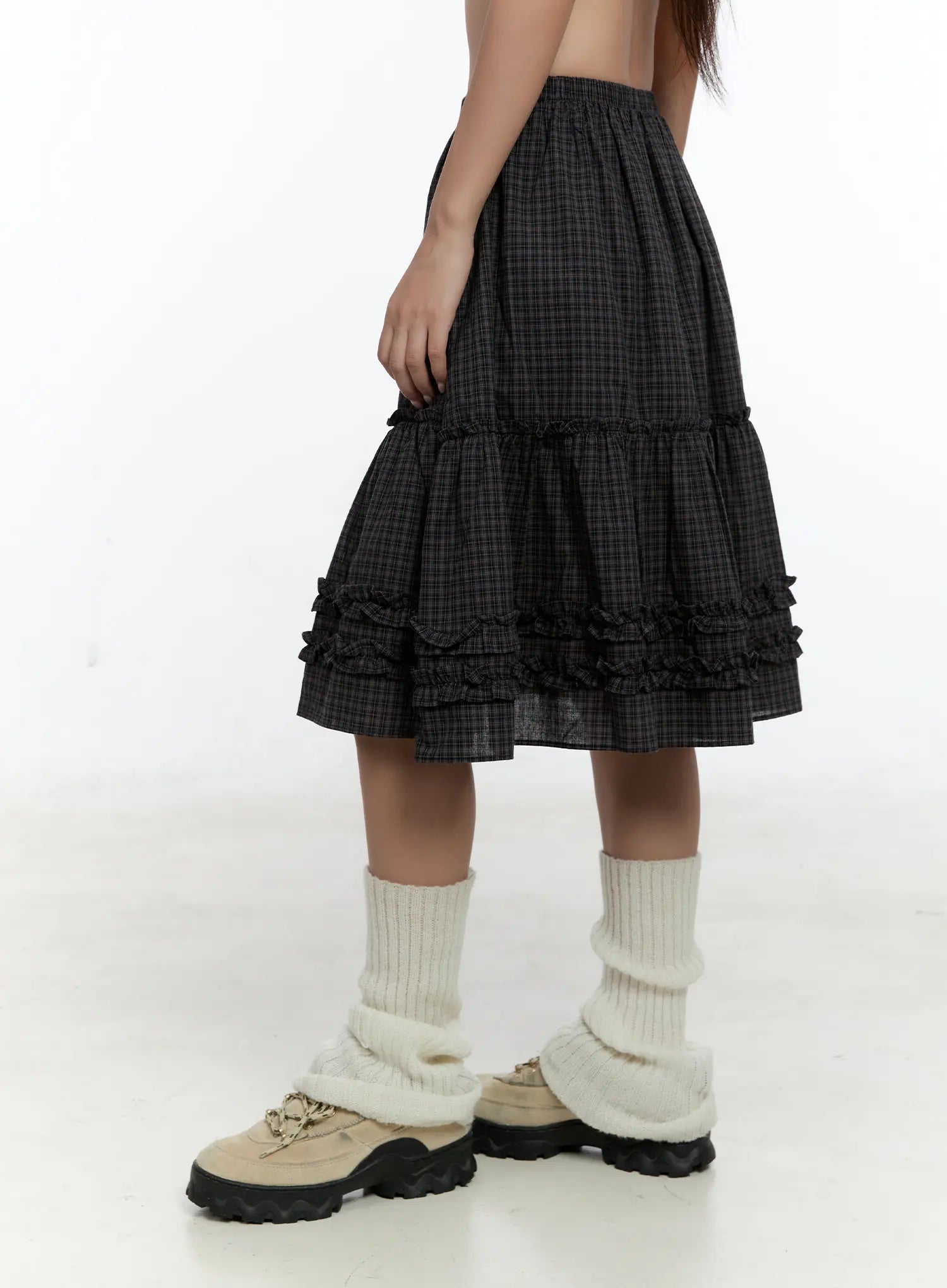 Gingham Ruffle Layered Midi Skirt CS517