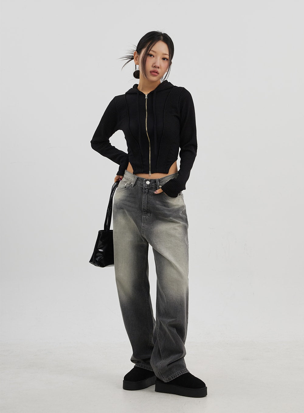 Ribbed Cropped Zip-Up Hoodie CJ330