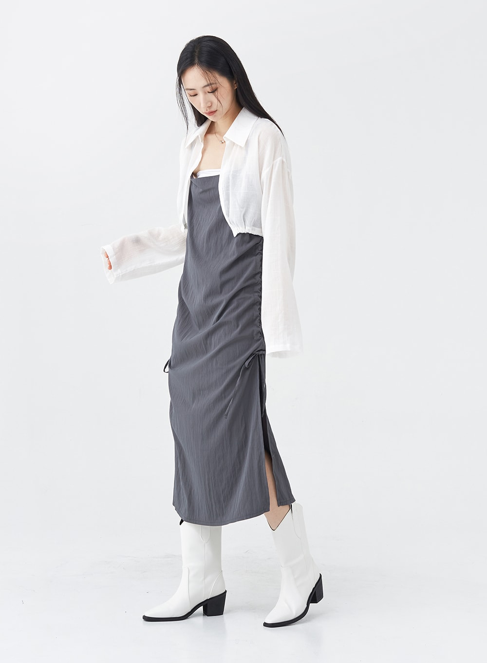 Side Shirring Sleeveless Strap Maxi Dress OG12