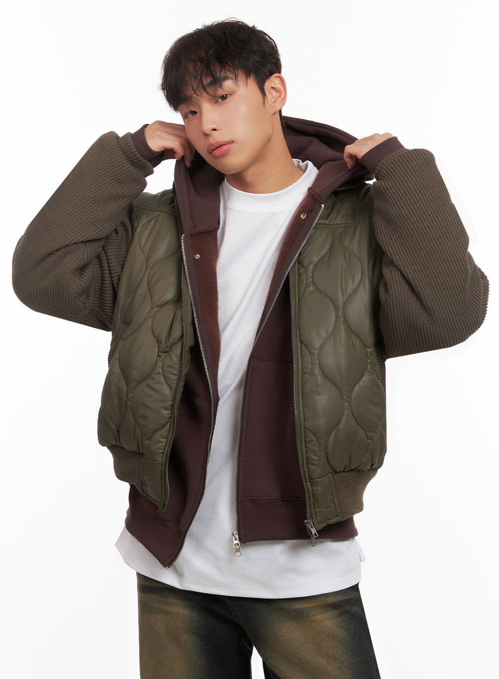 Men's Knit-Sleeve Quilted Bomber Jacket ID427