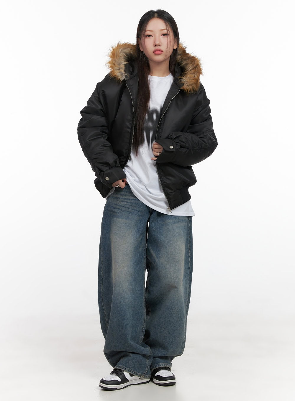 Fur Detail Hooded Bomber Jacket CD411