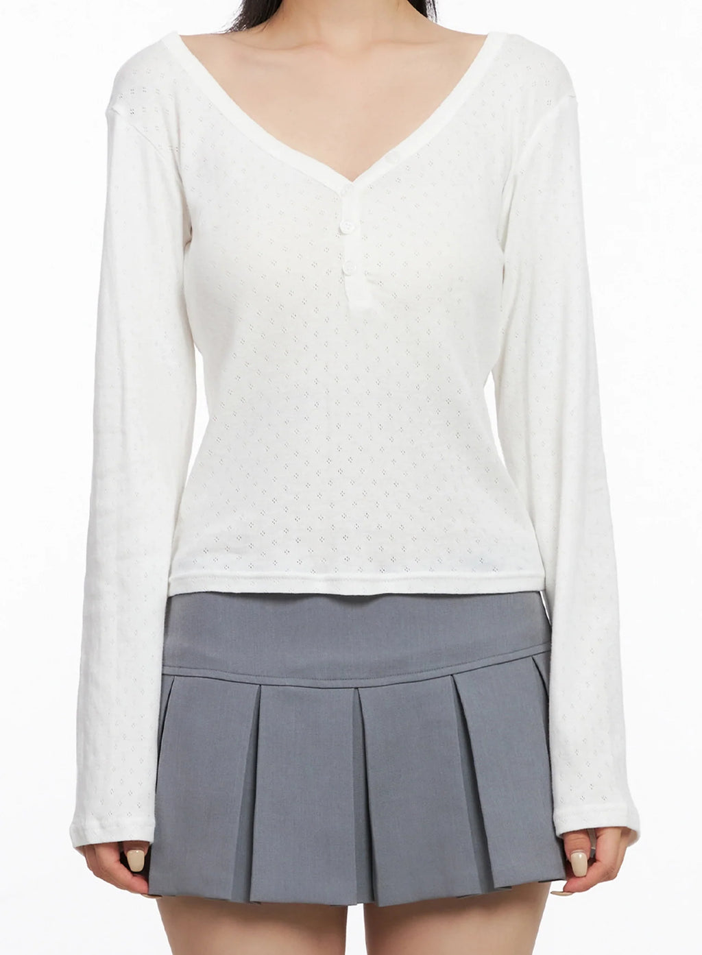 V-Neck Eyelet Long Sleeve Top IS515
