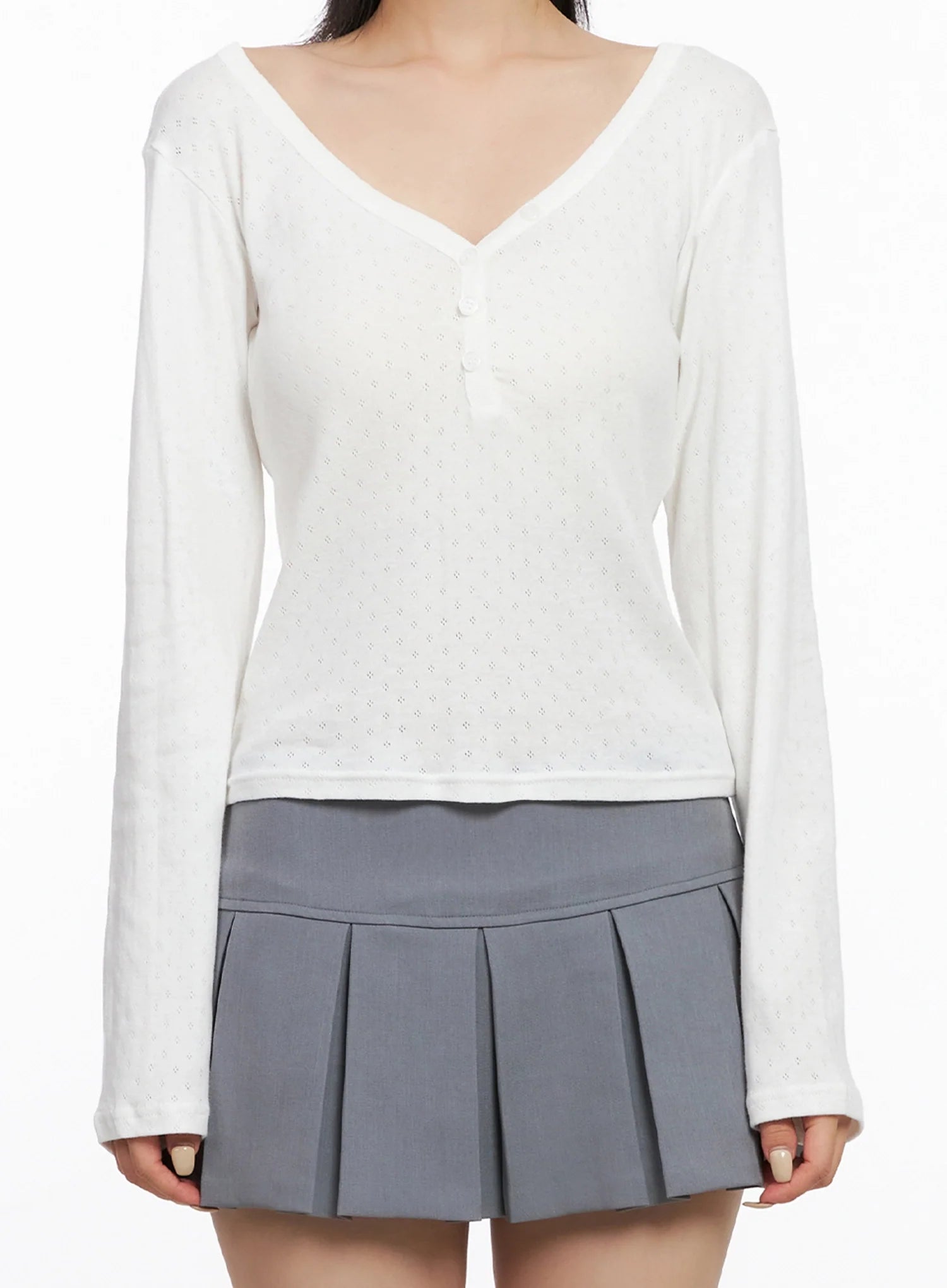 V-Neck Eyelet Long Sleeve Top IS515