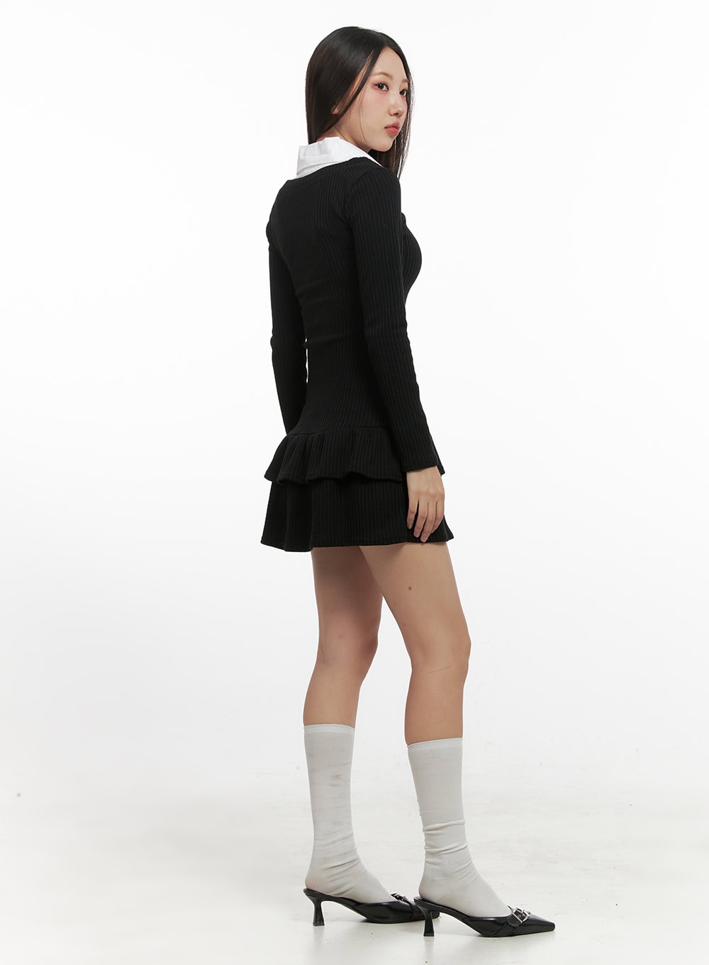 Solid Print Flare Collar Dress CN415