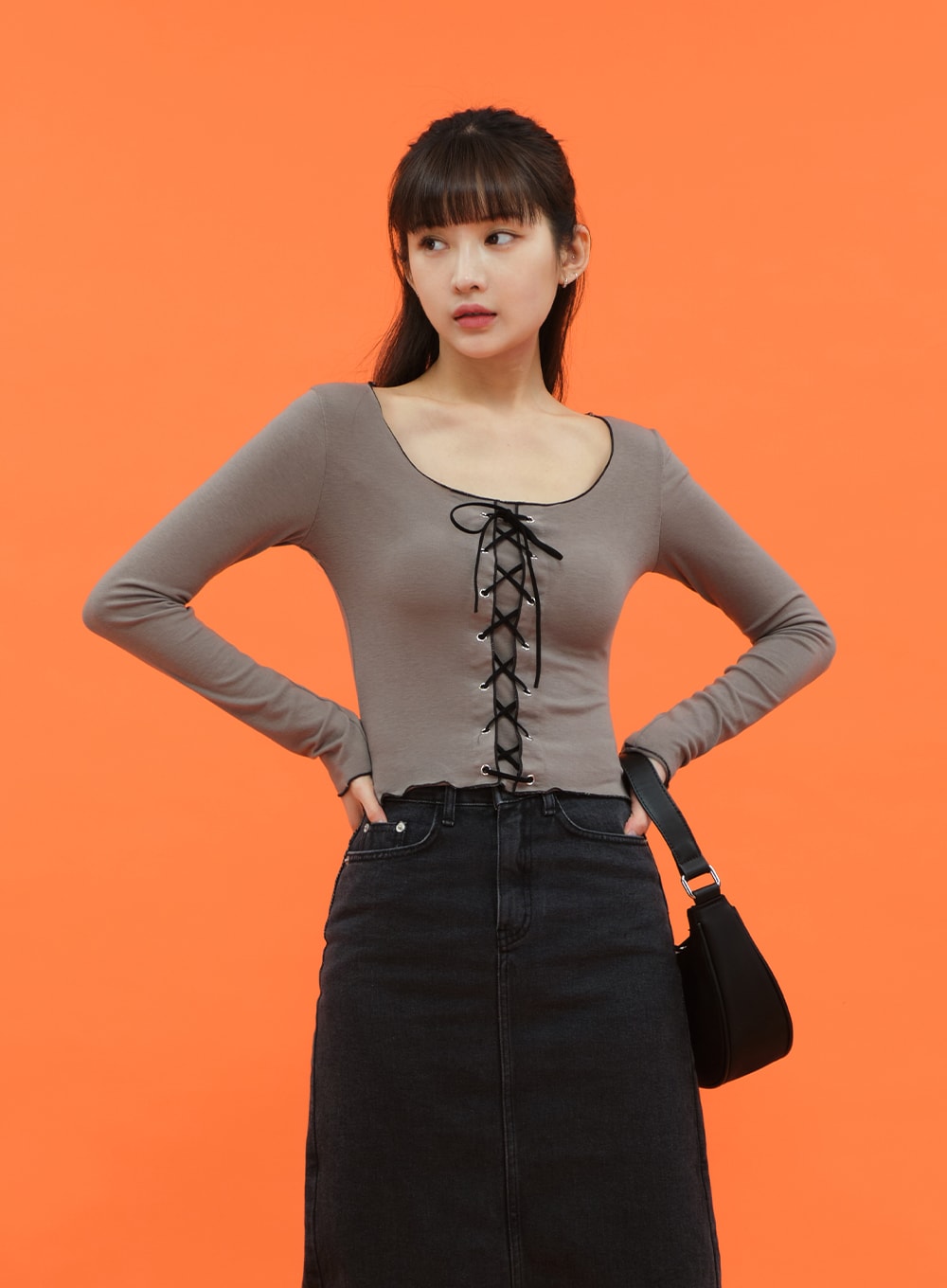 Cropped Long Sleeve Top with Front Lace Detail C1703