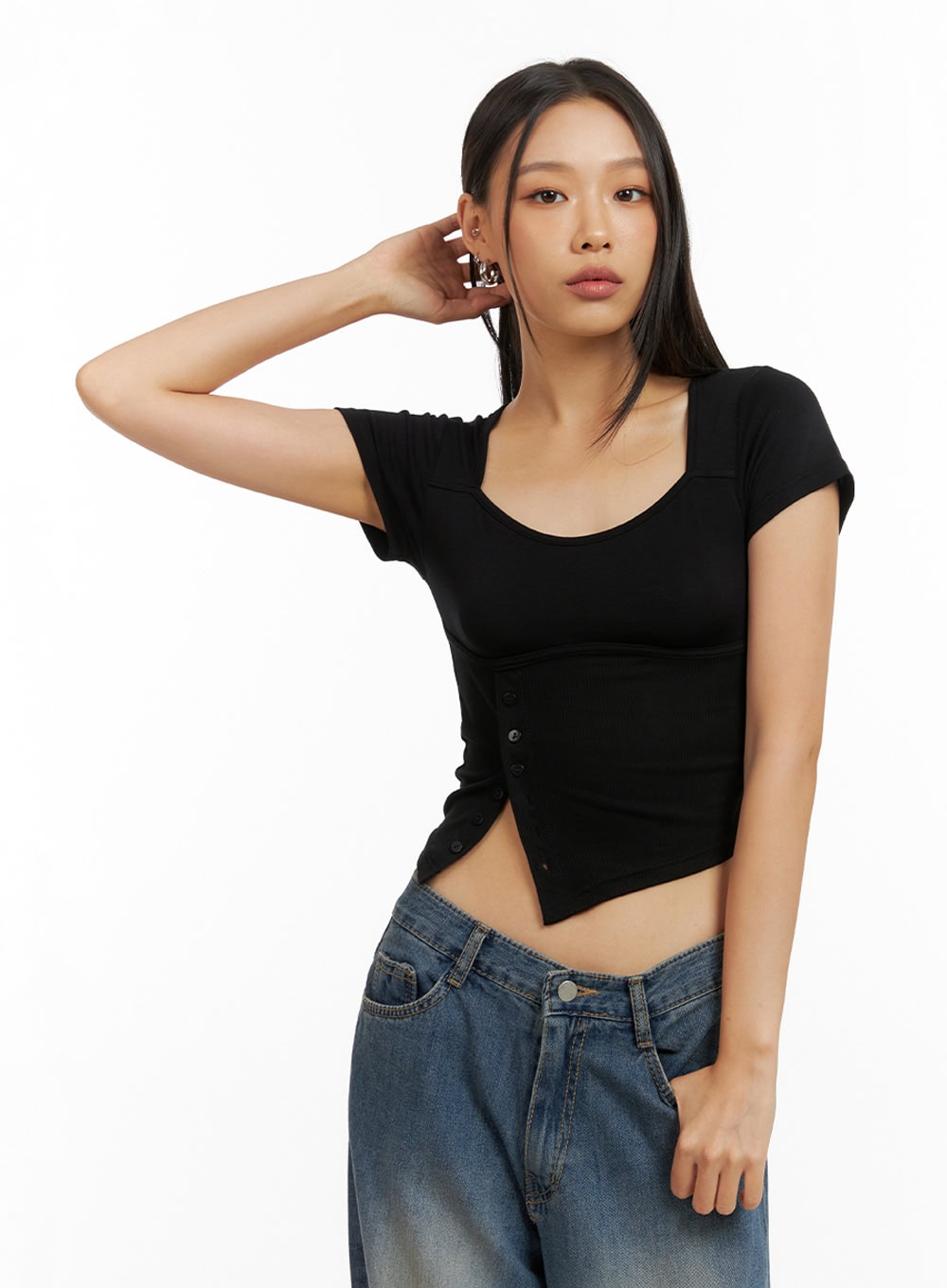 Asymmetrical Buttoned Square Neck Crop Top IG405