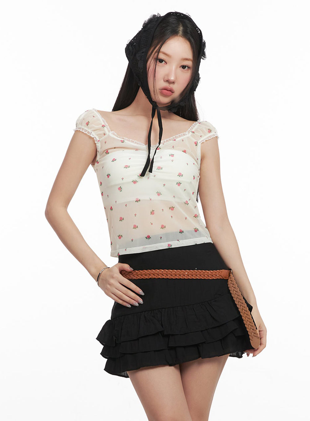 Sheer Floral Lace Shirred Top IM525