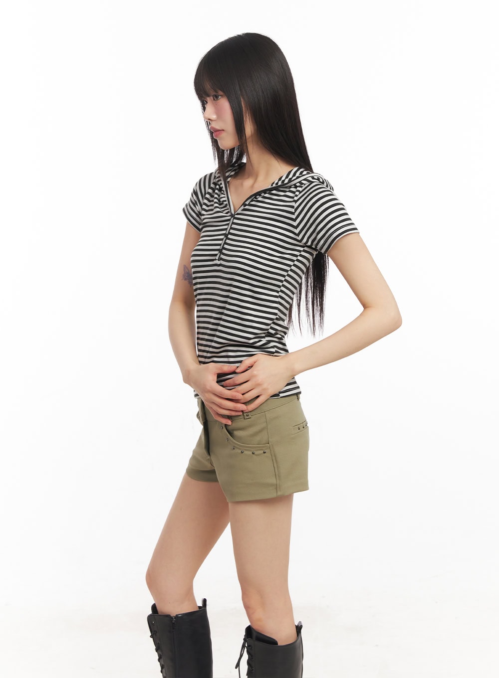 Buttoned Striped Hooded T-Shirt CA523