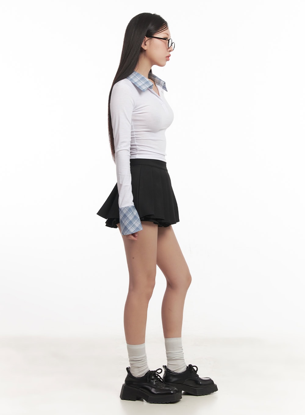 Checkered-Collar Long-Sleeve Crop Top CM531