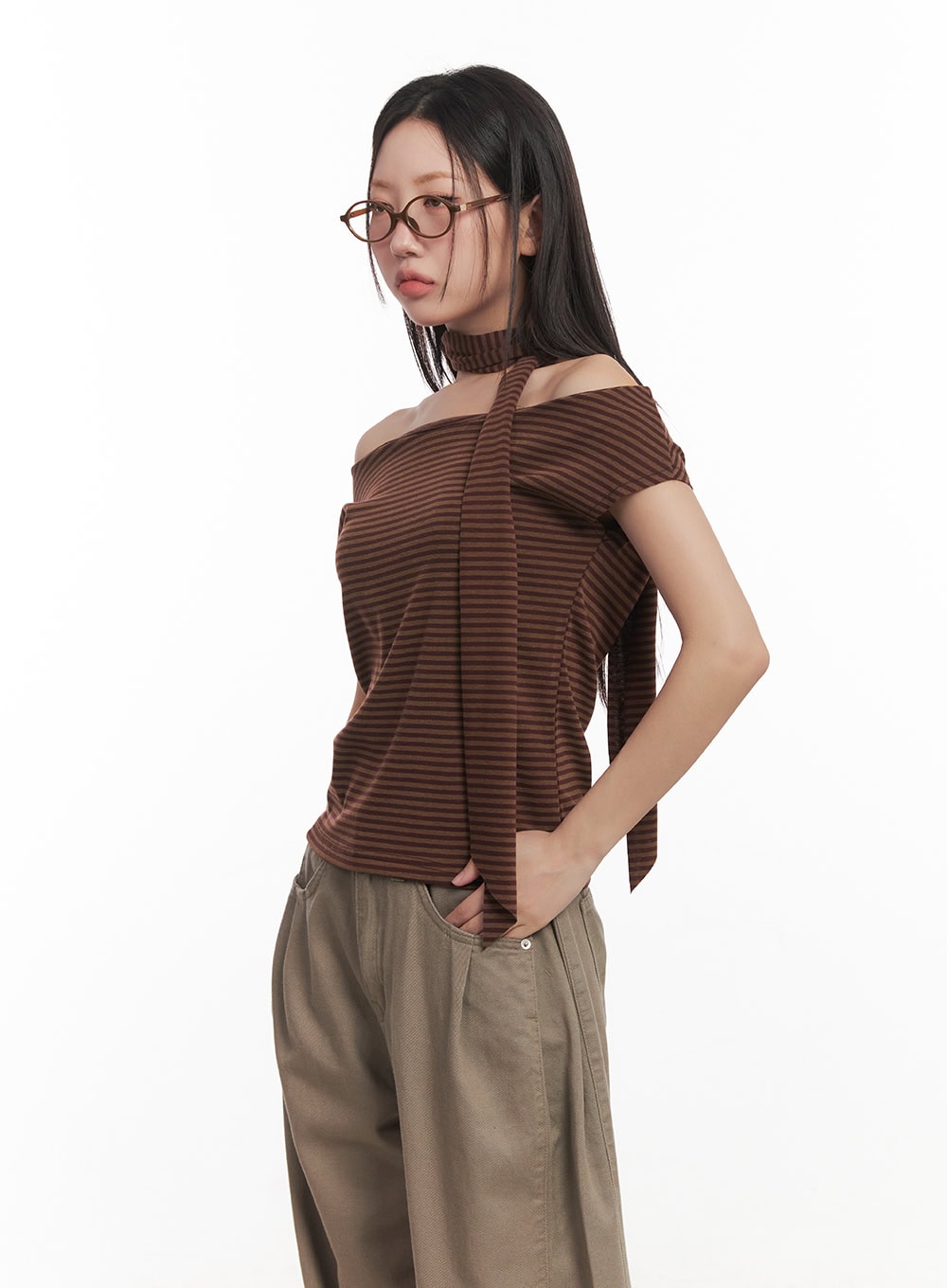 Stripe Off-Shoulder Top with Scarf CA521