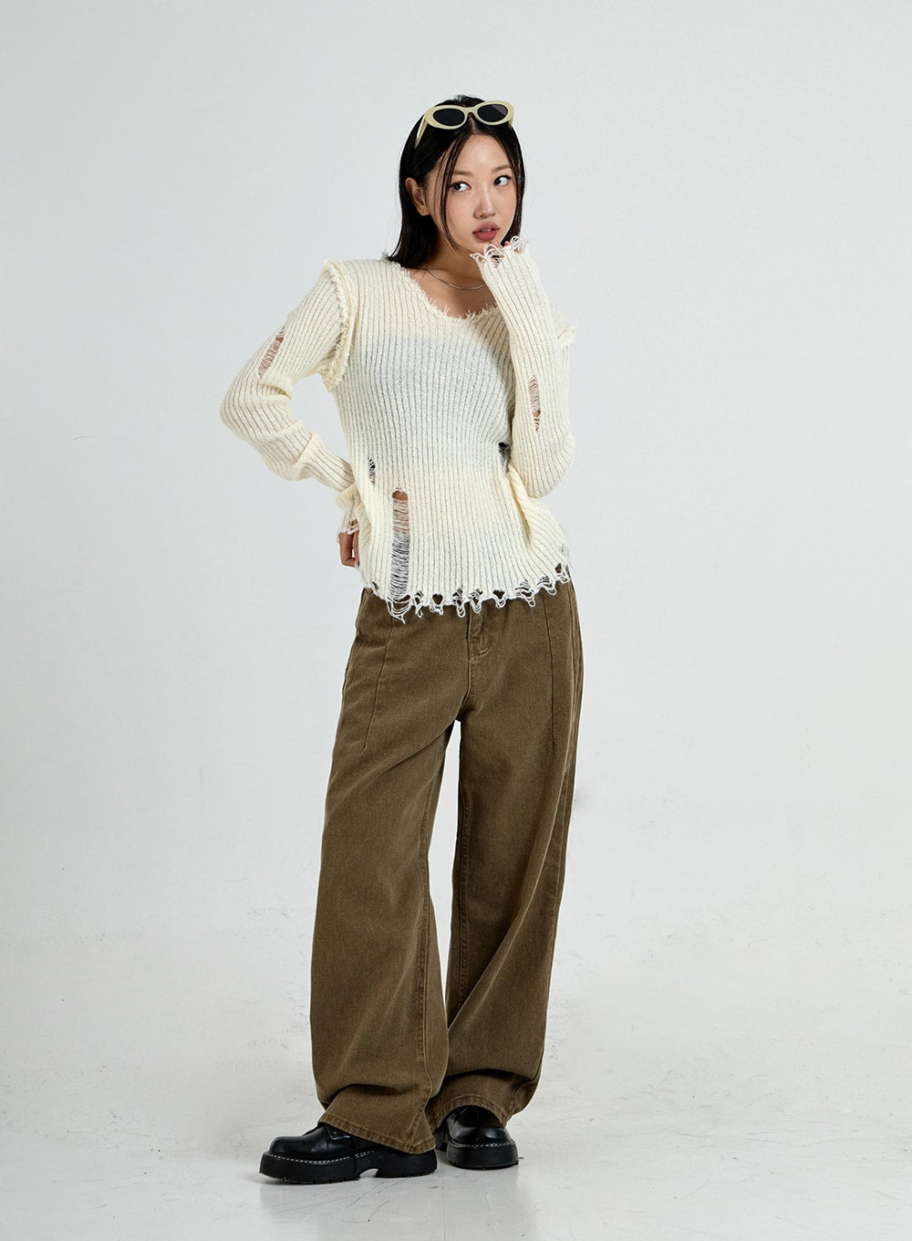 Ripped V-Neck Knit Top CO13