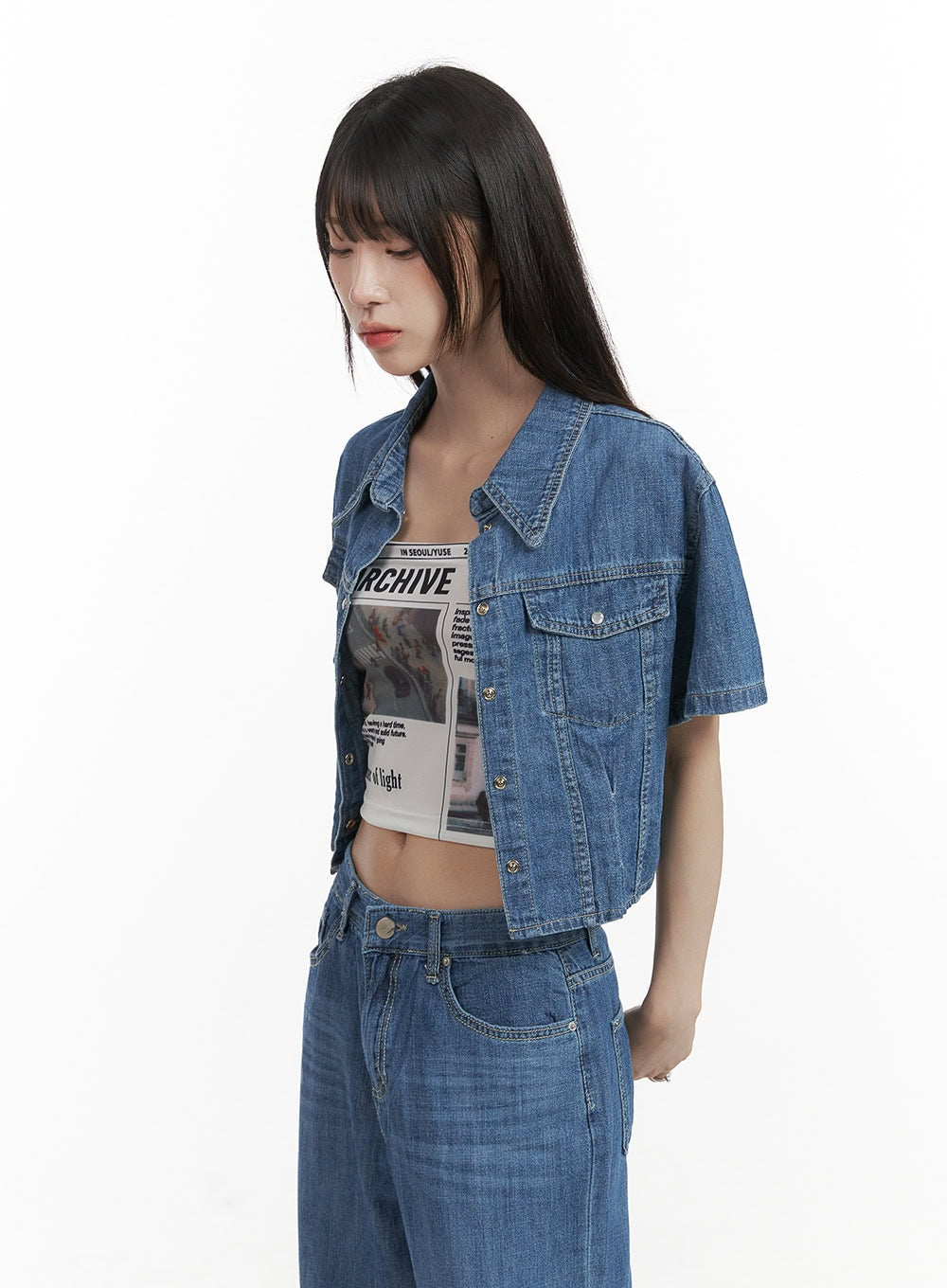 Pocketed Washed Denim Crop Shirt CY407