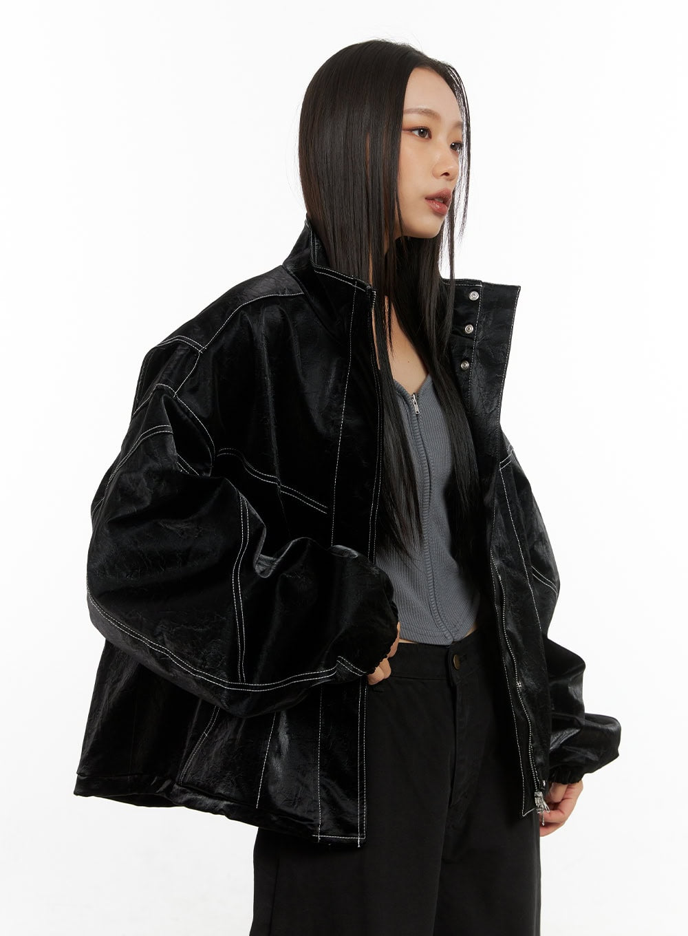 Washed Faux Leather Jacket CO424