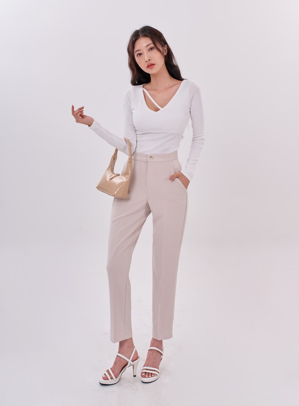 Asymmetric Neck Line Strap Long Sleeve T-Shirt IC15