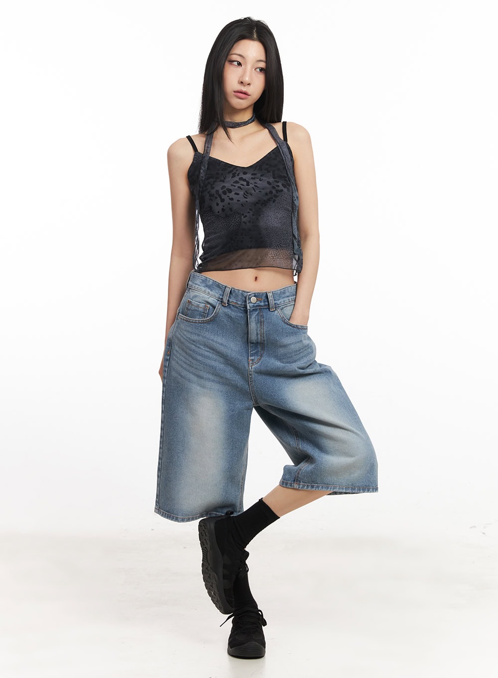 Leopard Mesh Crop Cami Top with Scarf CA516