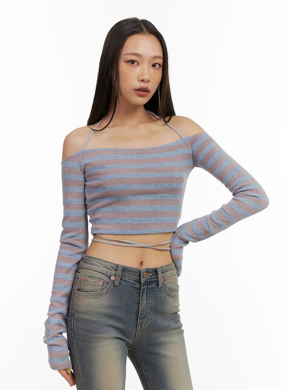 Stripe String Off-Shoulder Crop Top CO424