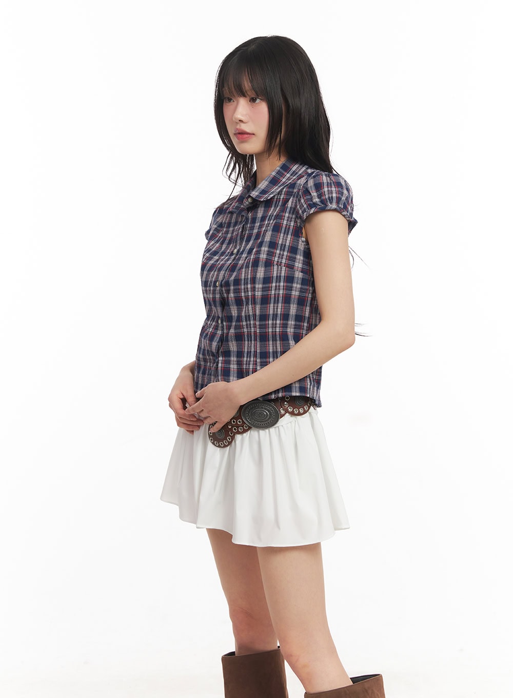 Plaid Puff Sleeve Cropped Shirt CA523
