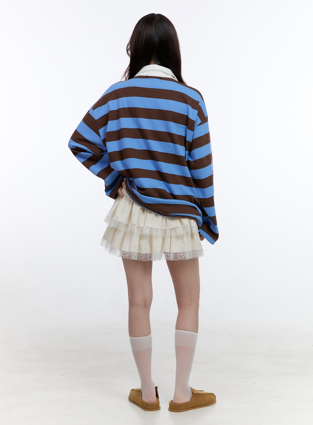 Cotton Oversize Buttoned Long Sleeve Stripe Tee OO407