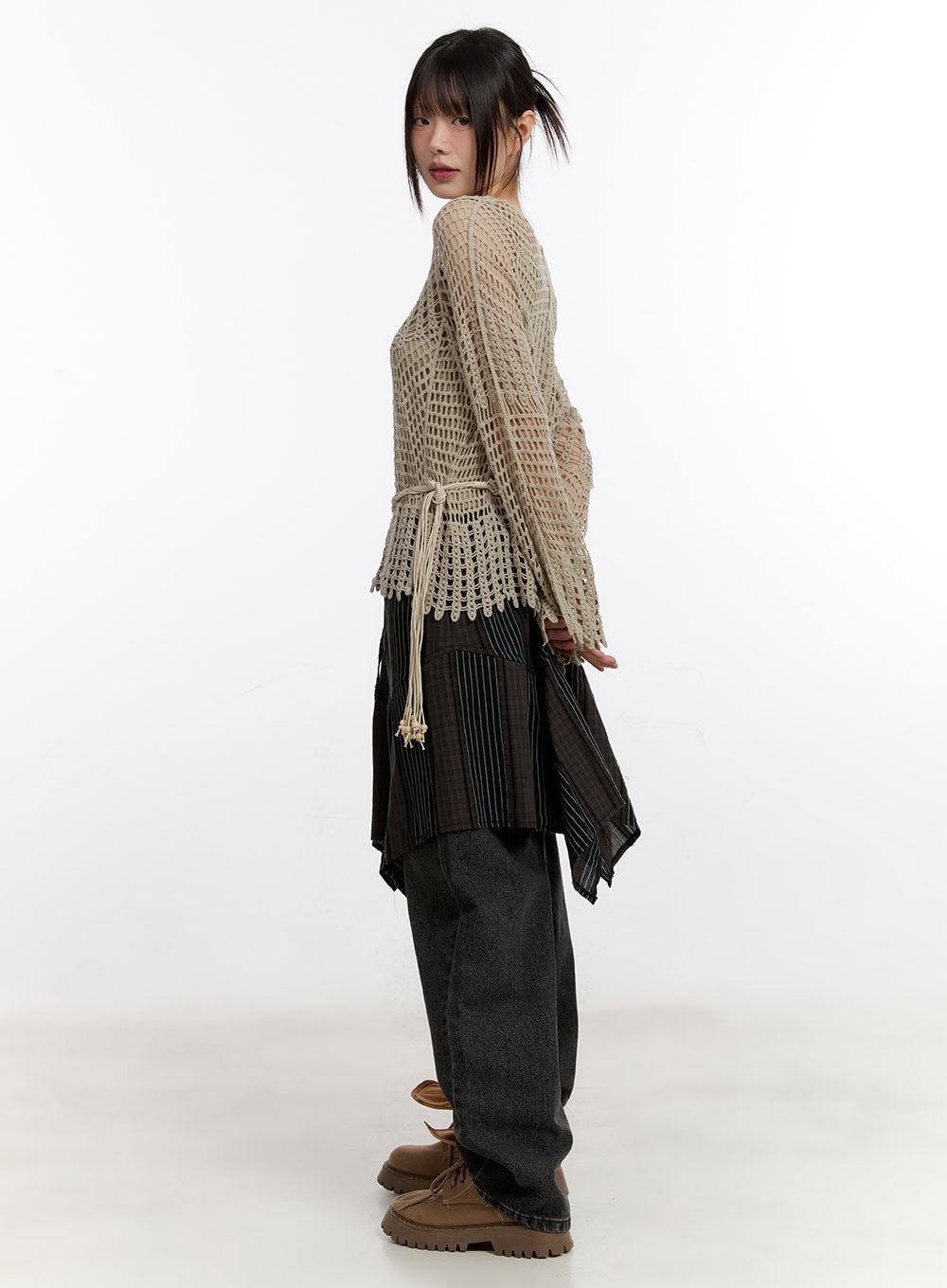 Mesh Knit Sweater with Belt and Tank Top CA508