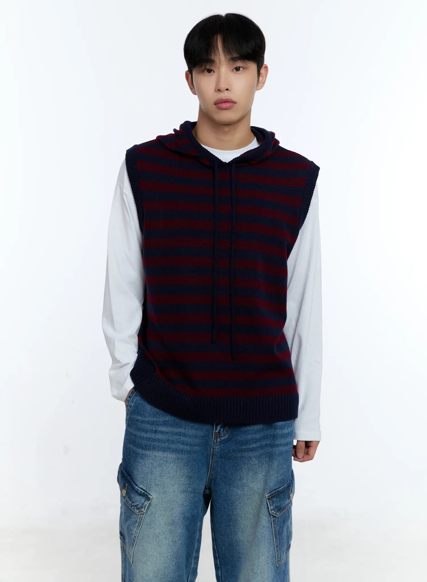Men's Striped Knit Sleeveless Hoodie IG515