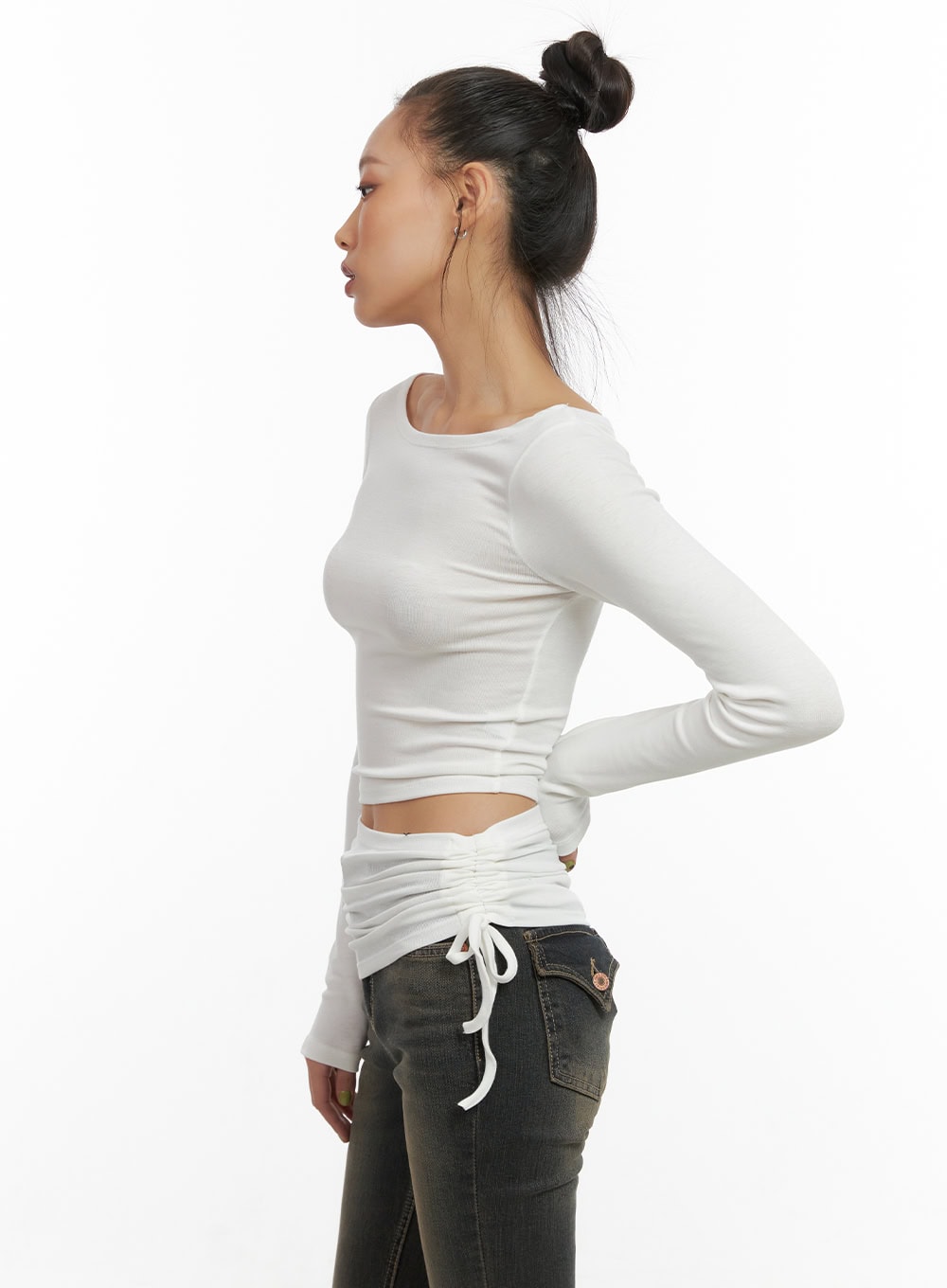Unbalanced Shirring Long-Sleeve Top CO424
