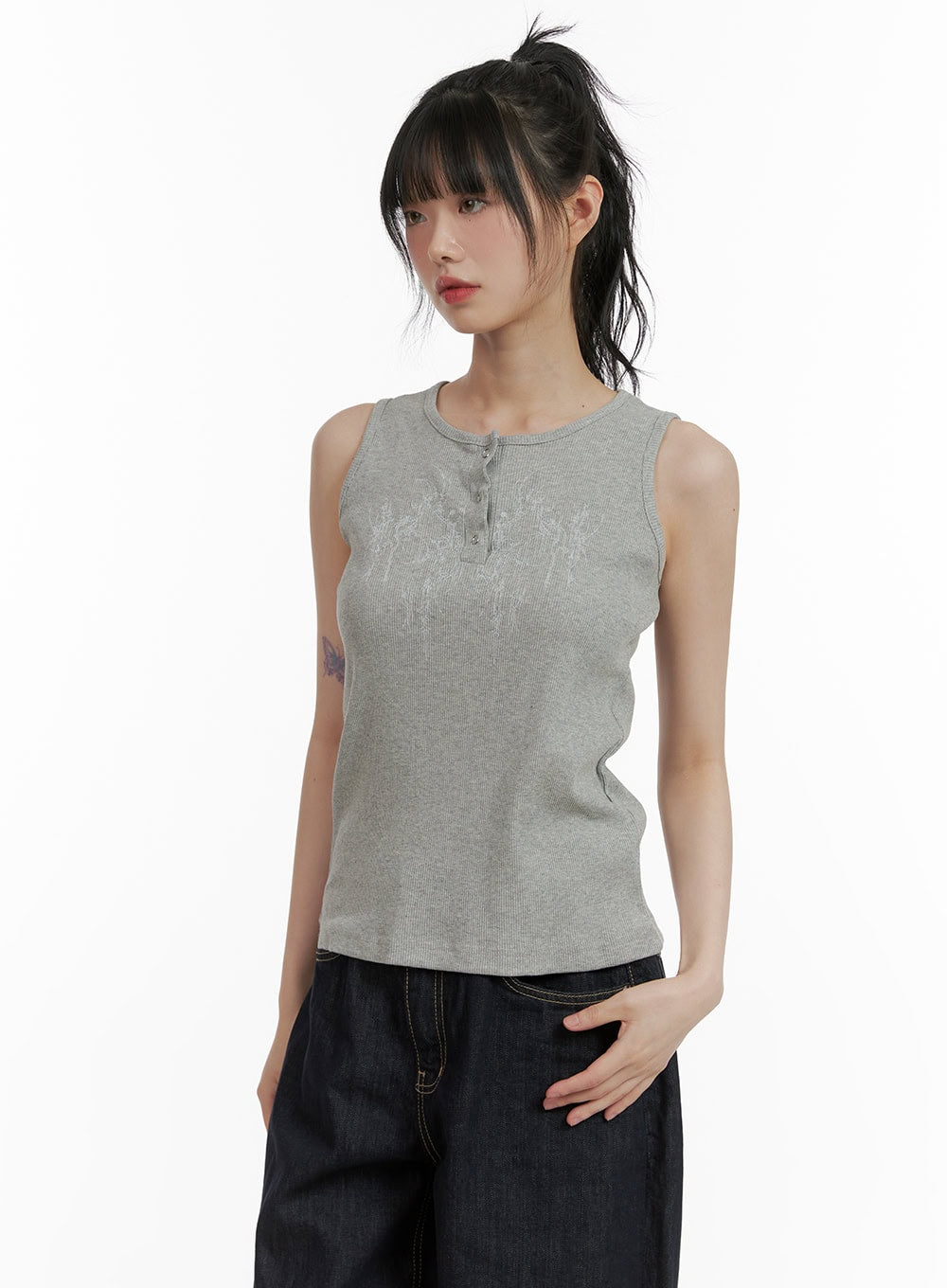 Graphic Mid Buttoned Cotton Tank Top CU410