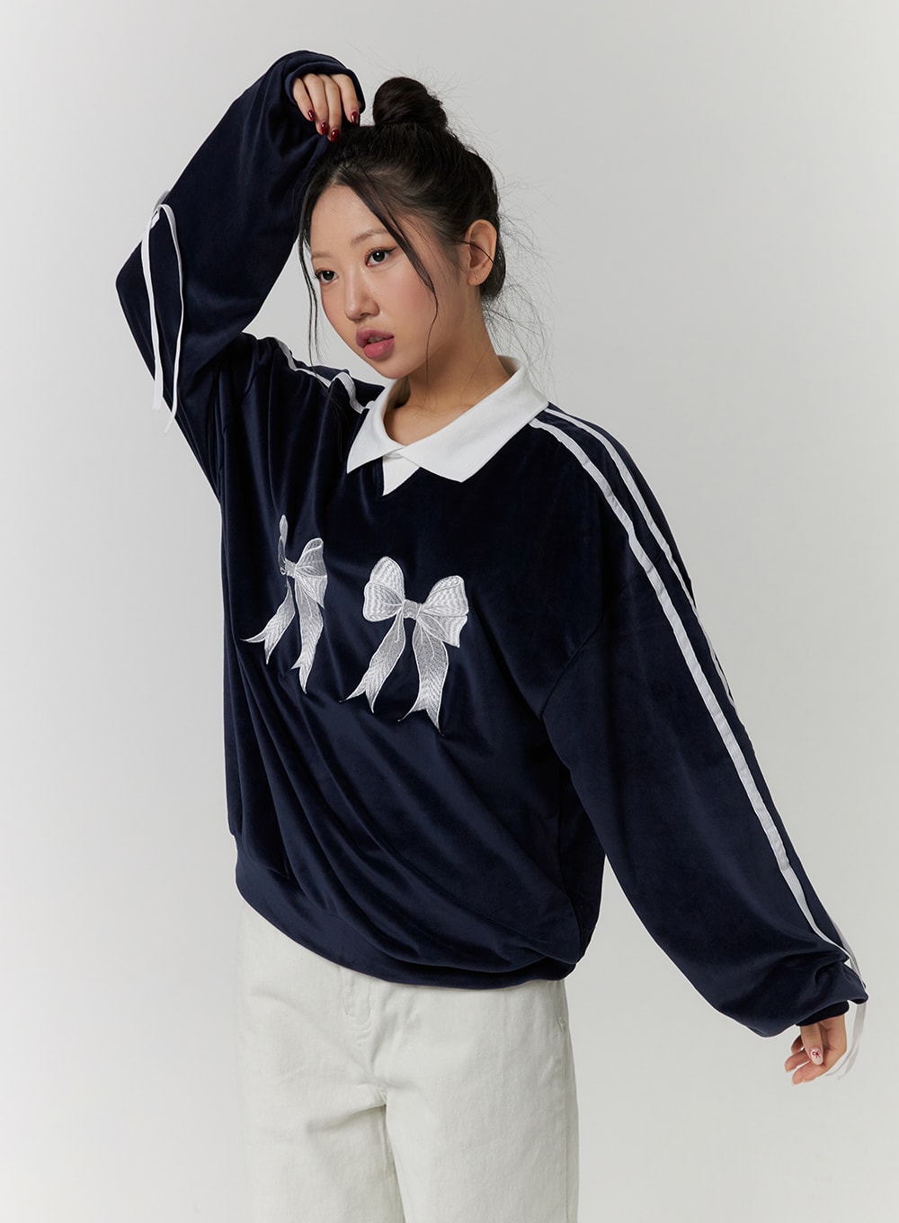 Terry Collar Double Ribbon Sweatshirt CD319